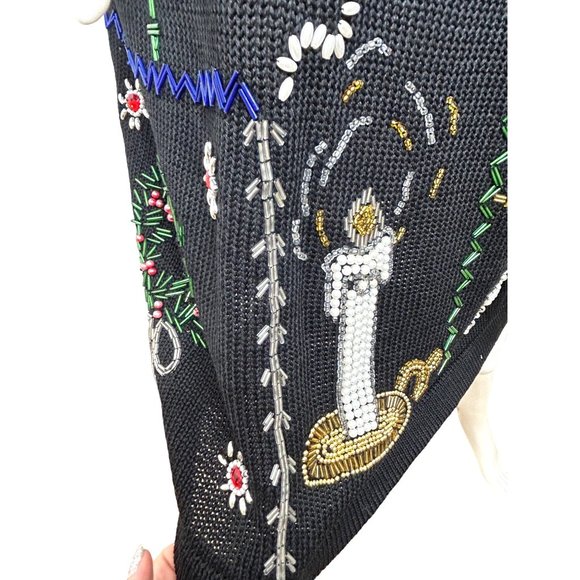 Christmas Tunic Sweater Victoria Jones Vintage 90’s M/L Black Beaded Pearls Mock - Picture 15 of 17
